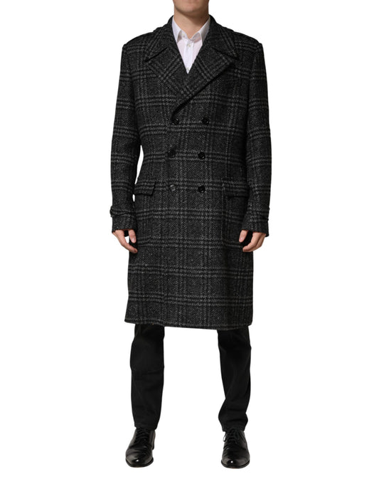 Dolce & Gabbana Grey Double Breasted Plaid Wool Coat Jacket