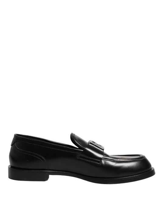 Dolce & Gabbana Black Leather DG Plaque Loafers Dress Shoes
