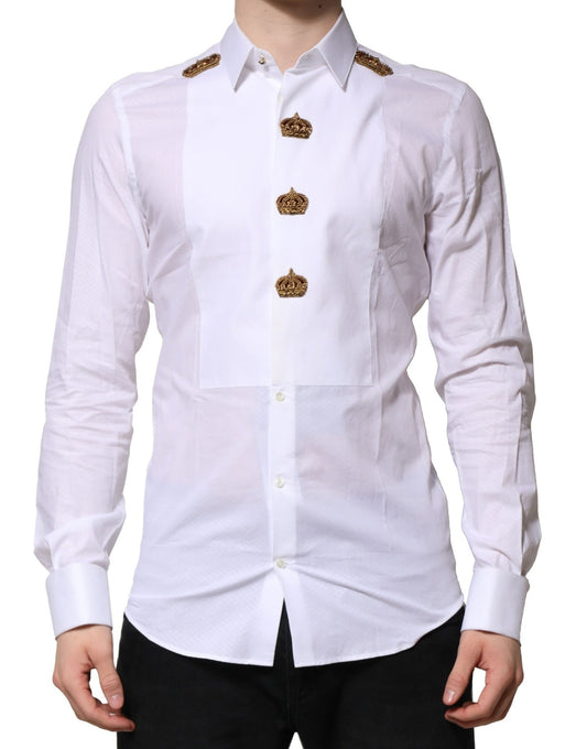 Dolce & Gabbana White GOLD Crown Cotton Dress Formal Shirt