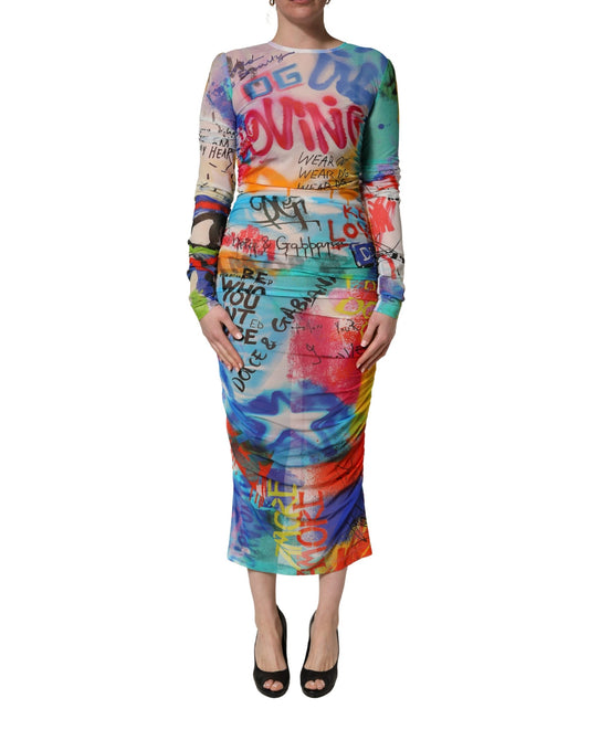 Dolce & Gabbana Multicolor Graffiti Print Tulle Sheath Midi Dress