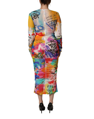 Dolce & Gabbana Multicolor Graffiti Print Tulle Sheath Midi Dress
