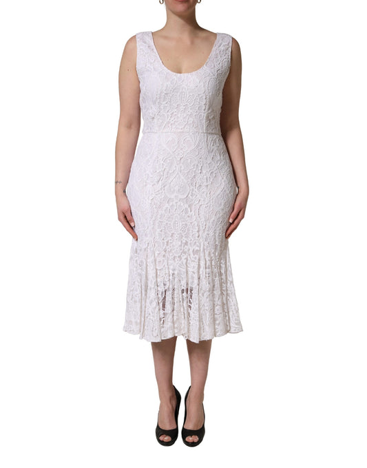 Dolce & Gabbana White Floral Lace Sleeveless Midi Dress