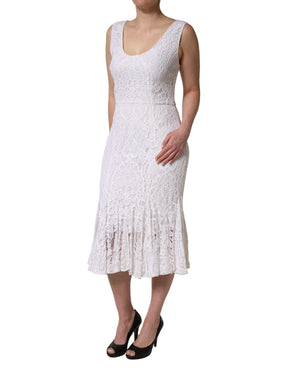 Dolce & Gabbana White Floral Lace Sleeveless Midi Dress