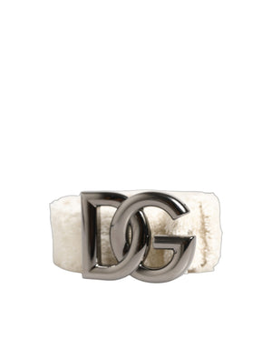 Dolce & Gabbana White Cotton Fleece DG Logo Metal Buckle Belt