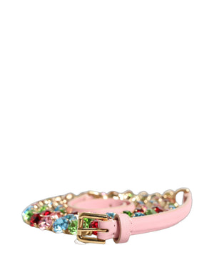 Dolce & Gabbana Pink Leather Crystal Chain Embellished Belt