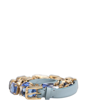 Dolce & Gabbana Blue Leather Crystal Chain Embellished Belt