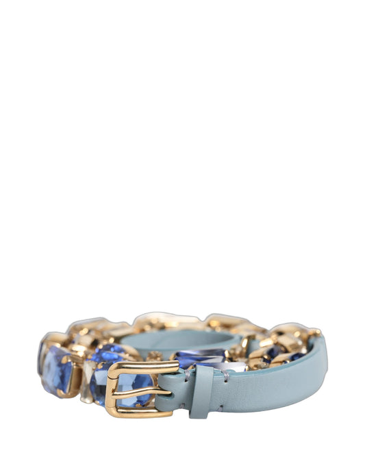Dolce & Gabbana Blue Leather Crystal Chain Embellished Belt