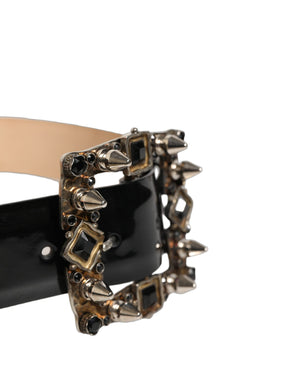 Dolce & Gabbana Black Leather Crystal Metal Buckle Belt