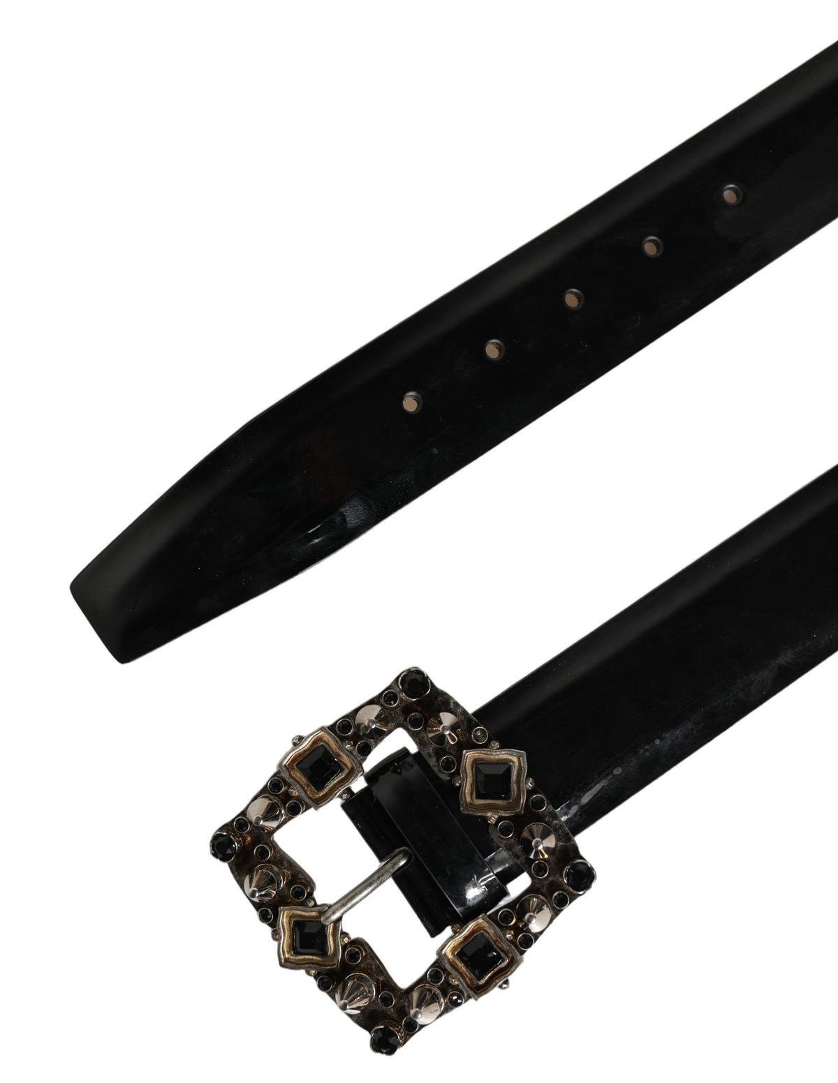 Dolce & Gabbana Black Leather Crystal Metal Buckle Belt