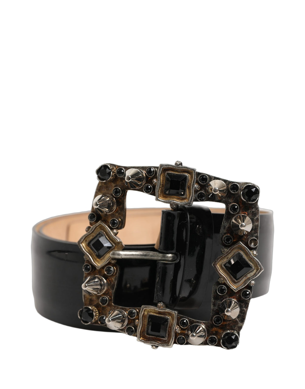 Dolce & Gabbana Black Leather Crystal Metal Buckle Belt