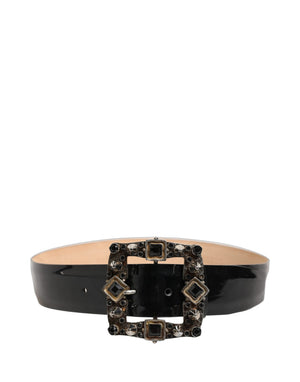 Dolce & Gabbana Black Leather Crystal Metal Buckle Belt