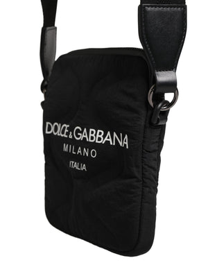 Dolce & Gabbana Black Nylon Rubberized Logo Print Crossbody Borse Bag