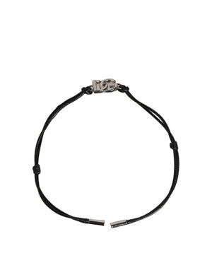 Dolce & Gabbana Black Polyester Cord Silver Tone DG Logo Charm Bracelet