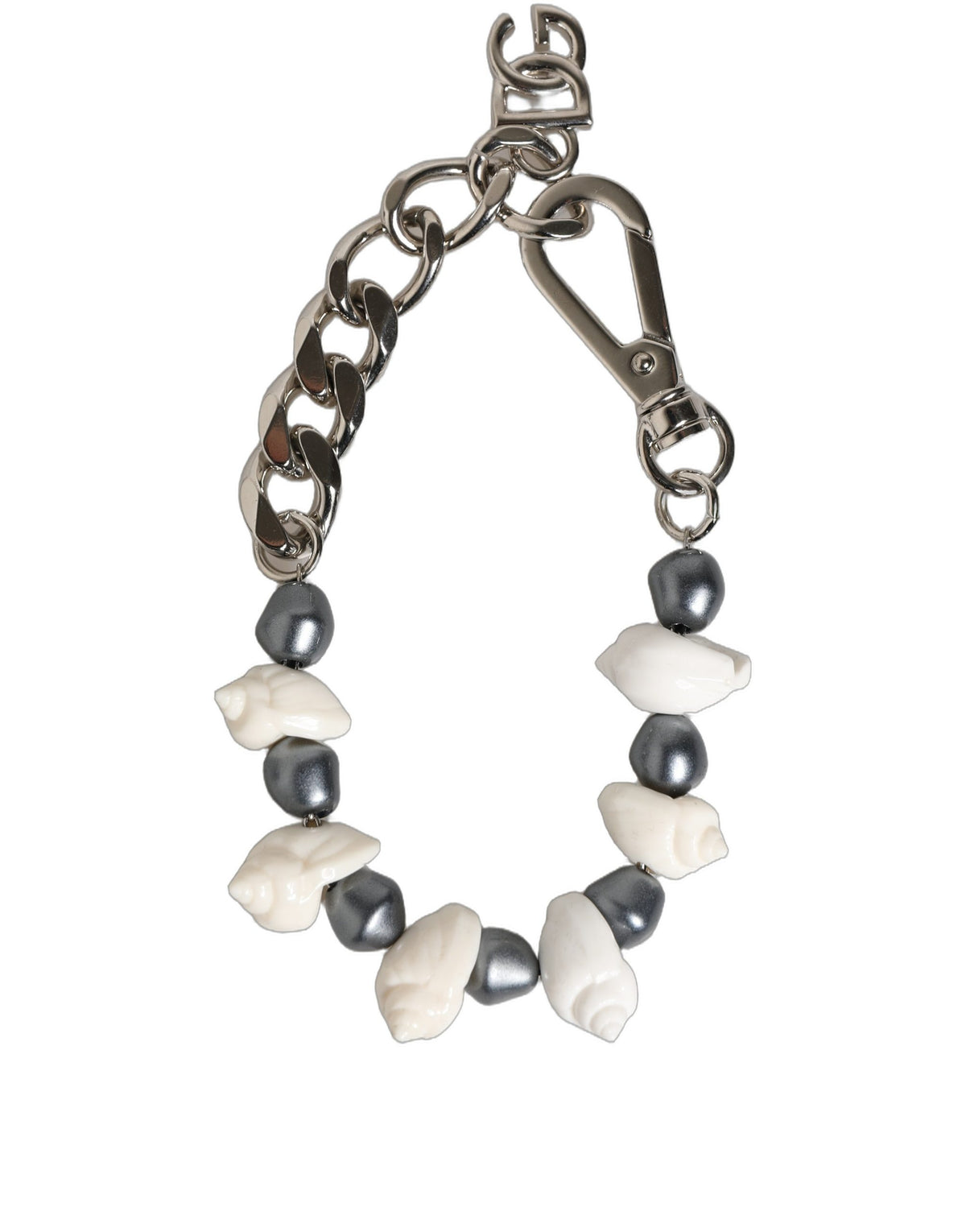 Dolce & Gabbana Silver Tone Brass Beaded Shell DG Logo Pendant Bracelet