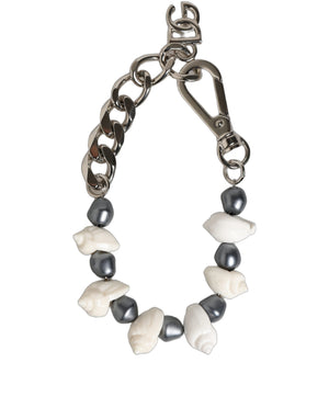 Dolce & Gabbana Silver Tone Brass Beaded Shell DG Logo Pendant Bracelet