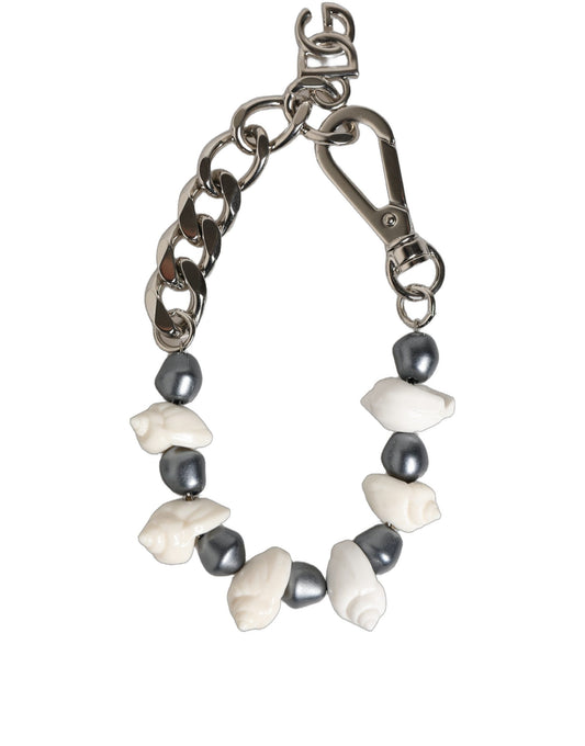 Dolce & Gabbana Silver Tone Brass Beaded Shell DG Logo Pendant Bracelet