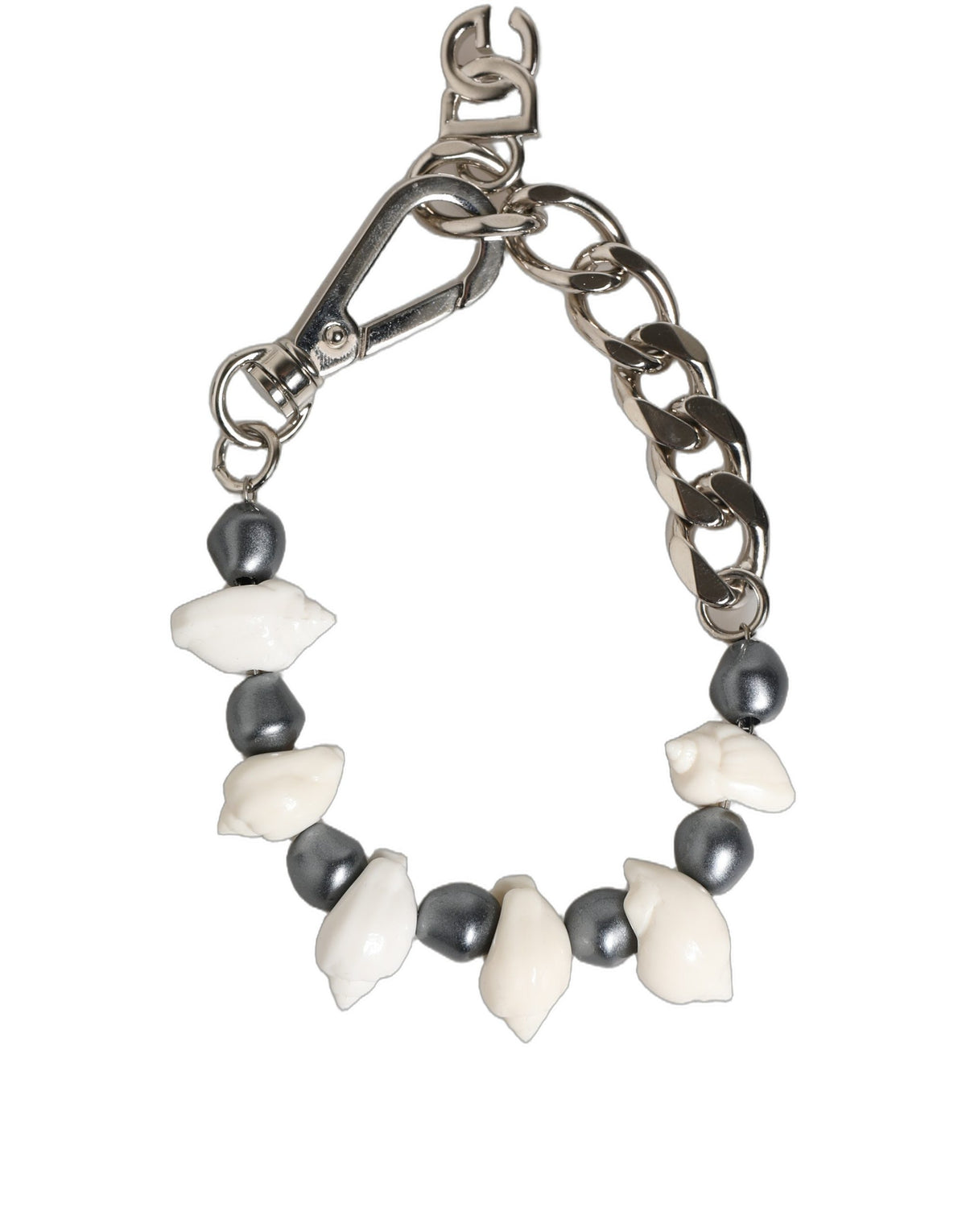Dolce & Gabbana Silver Tone Brass Beaded Shell DG Logo Pendant Bracelet
