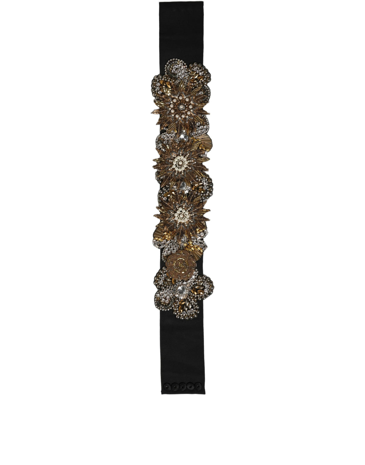 Dolce & Gabbana Black Gold Tone Crystal Brass Flower Brooches Belt