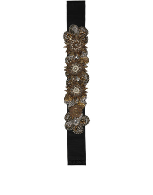 Dolce & Gabbana Black Gold Tone Crystal Brass Flower Brooches Belt
