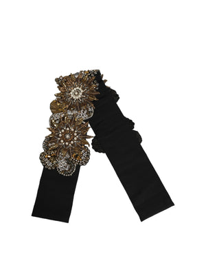 Dolce & Gabbana Black Gold Tone Crystal Brass Flower Brooches Belt