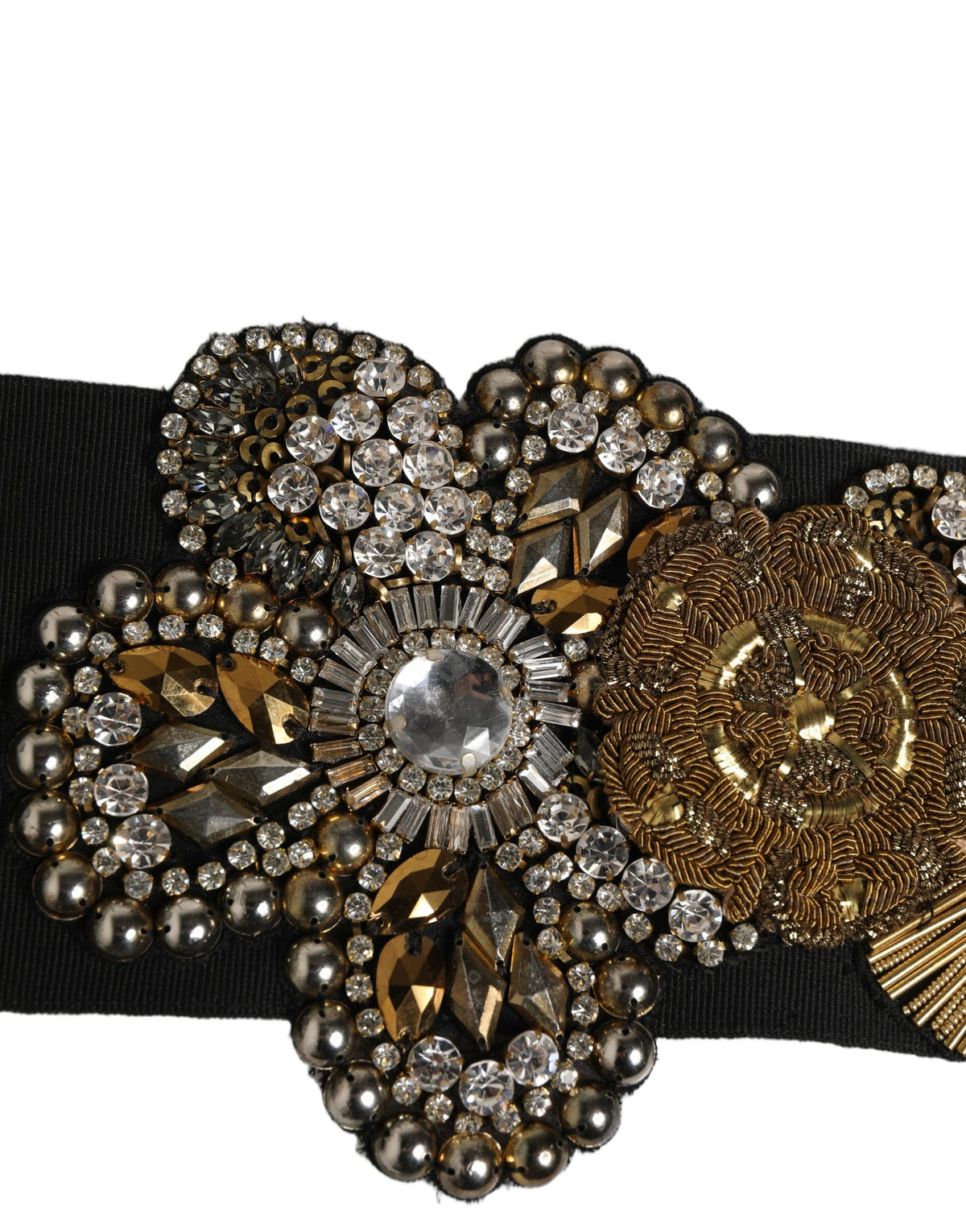 Dolce & Gabbana Black Gold Tone Crystal Brass Flower Brooches Belt