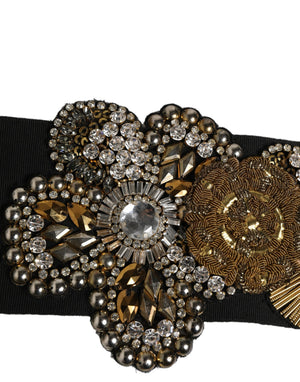 Dolce & Gabbana Black Gold Tone Crystal Brass Flower Brooches Belt
