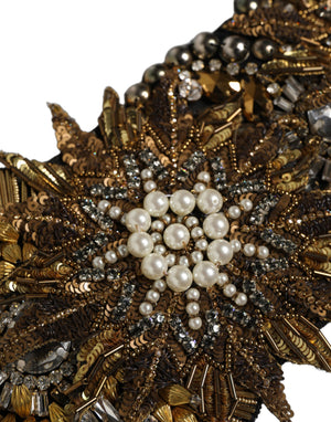 Dolce & Gabbana Black Gold Tone Crystal Brass Flower Brooches Belt