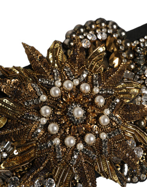 Dolce & Gabbana Black Gold Tone Crystal Brass Flower Brooches Belt