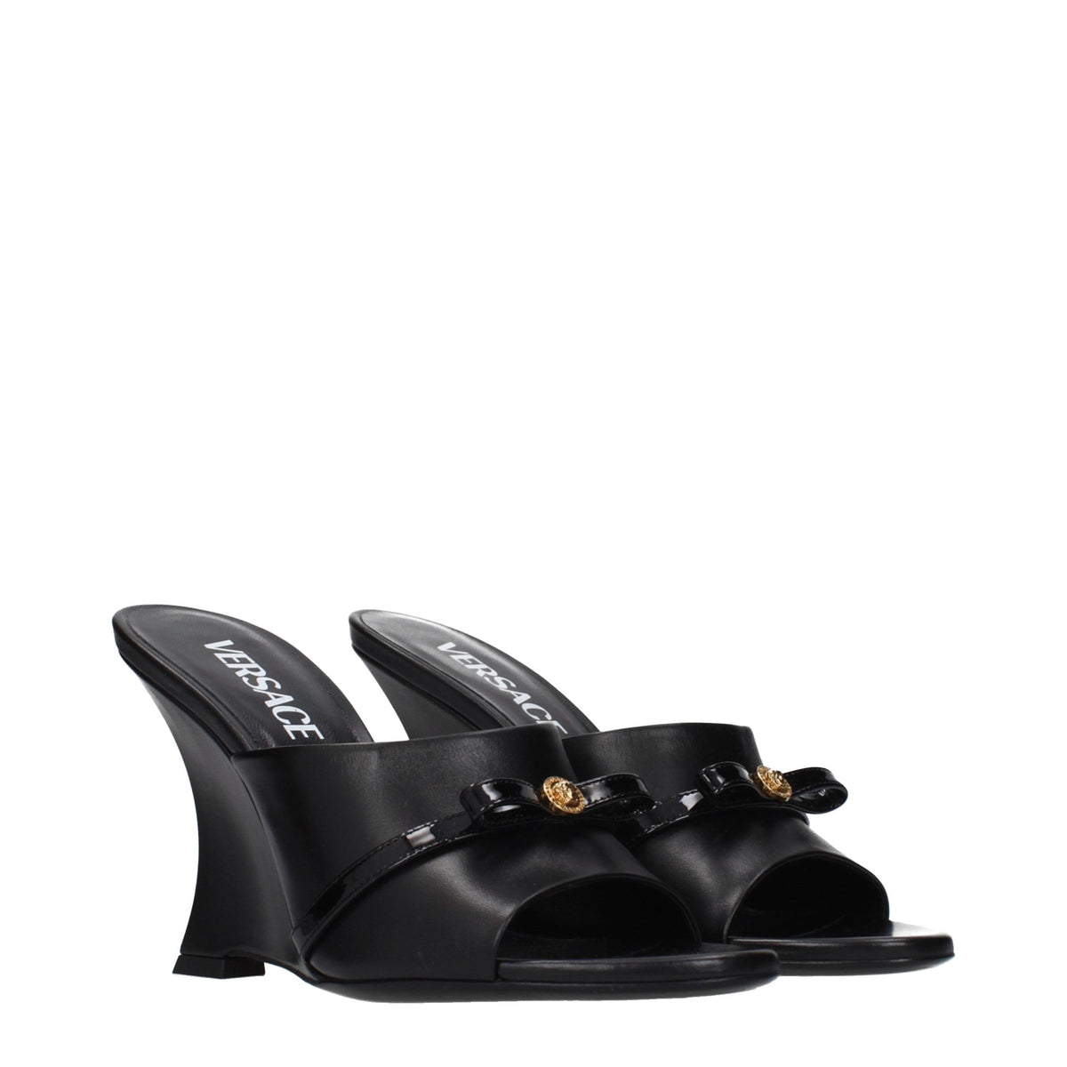 Versace Black Leather Wedge Sandals