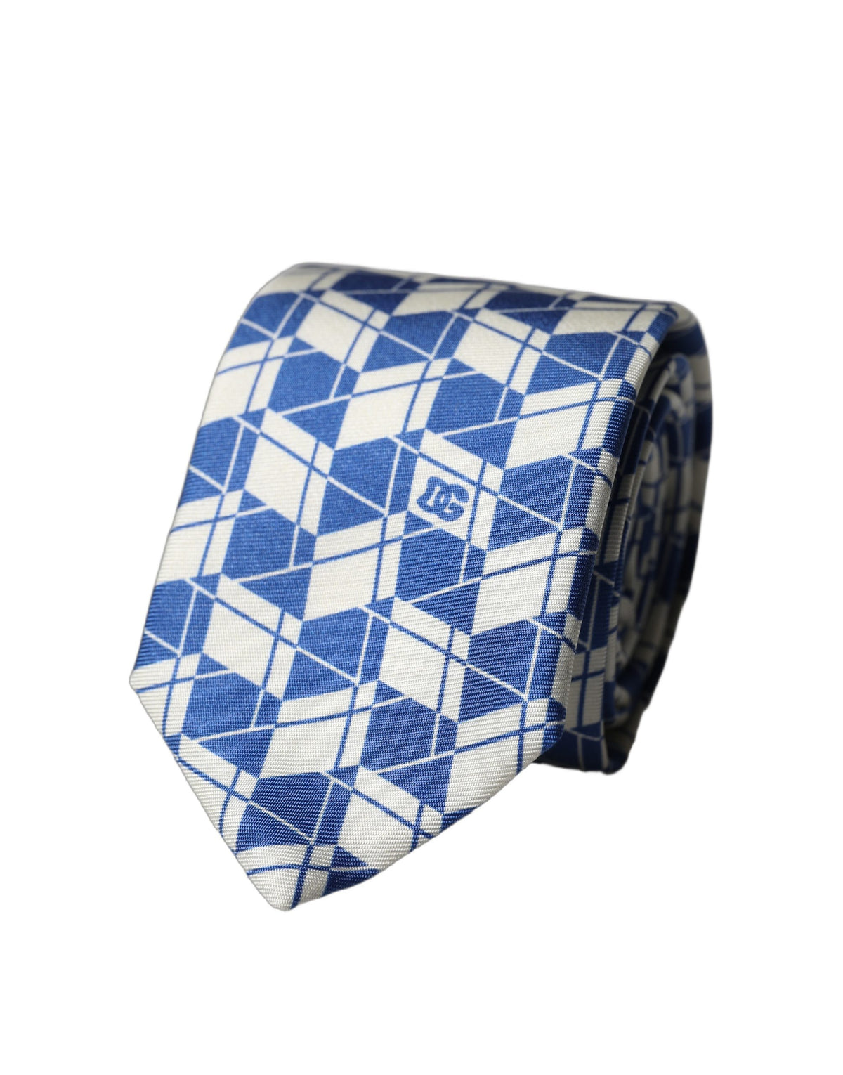 Dolce & Gabbana Blue White Geometric Silk Adjustable Men Tied Necktie Tie