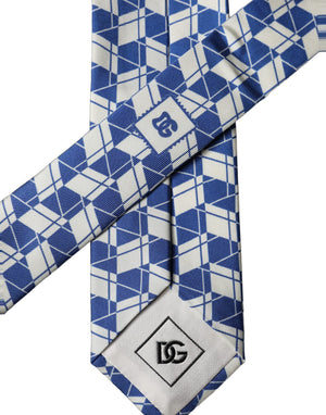 Dolce & Gabbana Blue White Geometric Silk Adjustable Men Tied Necktie Tie