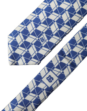 Dolce & Gabbana Blue White Geometric Silk Adjustable Men Tied Necktie Tie