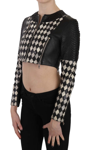 John Richmond Black White Leather Short Cropped Biker Jacket Coat