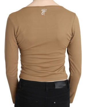 GF Ferre Brown Round Neck Long Sleeve Slim Crop Top Blouse