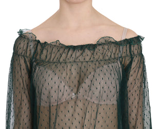 PINK MEMORIES Green Mesh See Through Long Sleeve Top Blouse
