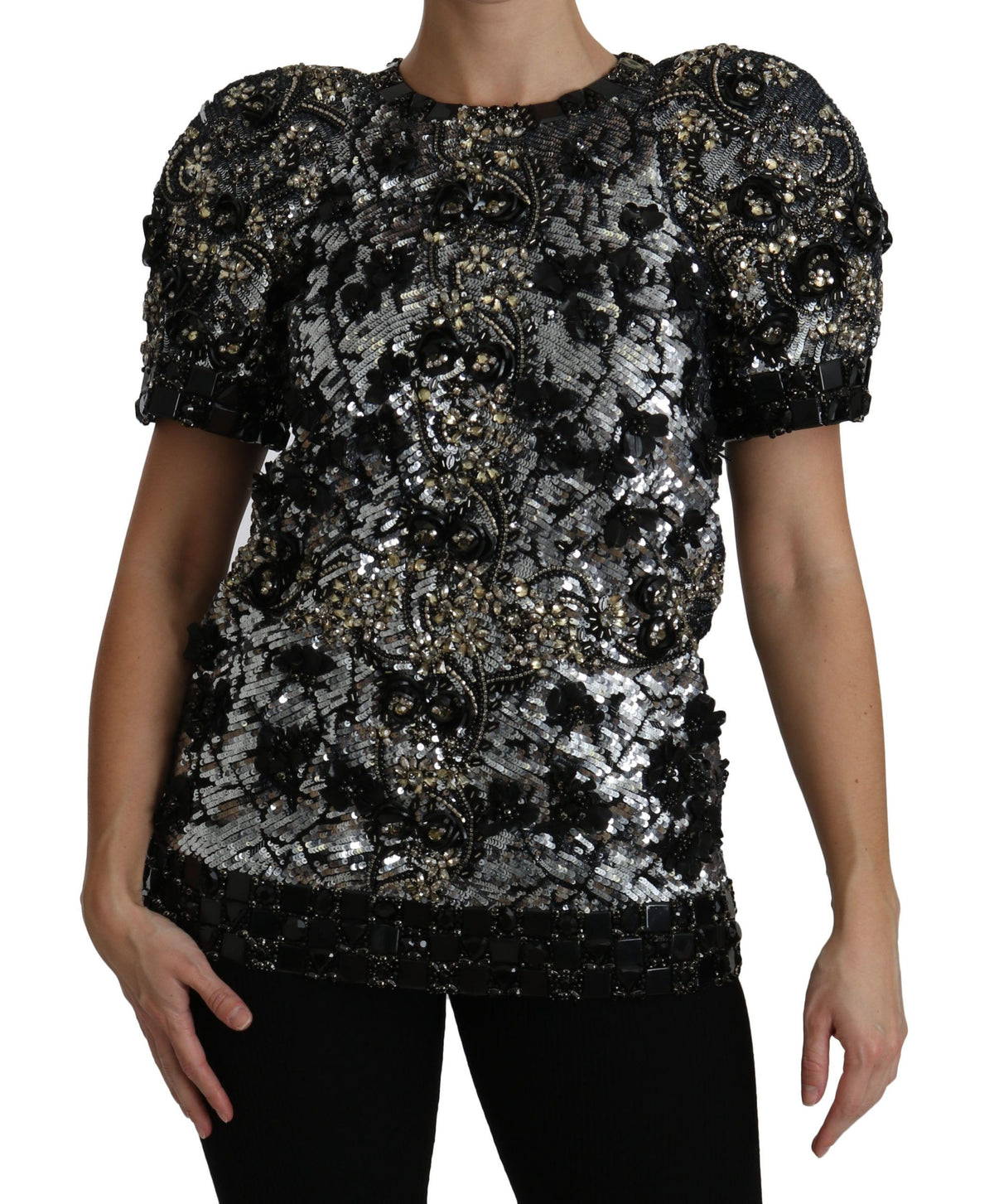 Dolce & Gabbana Black Sequined Crystal Embellished Top Blouse