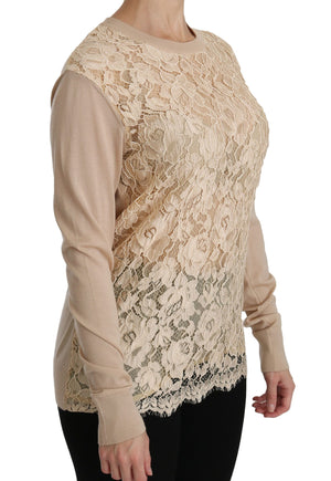 Dolce & Gabbana Beige Lace Long Sleeve Top Cashmere Blouse