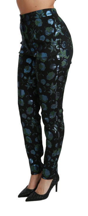 Dolce & Gabbana Blue Green Floral Metallic Slim Pants
