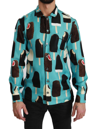 Dolce & Gabbana Blue Silk Ice Cream Print Casual Shirt
