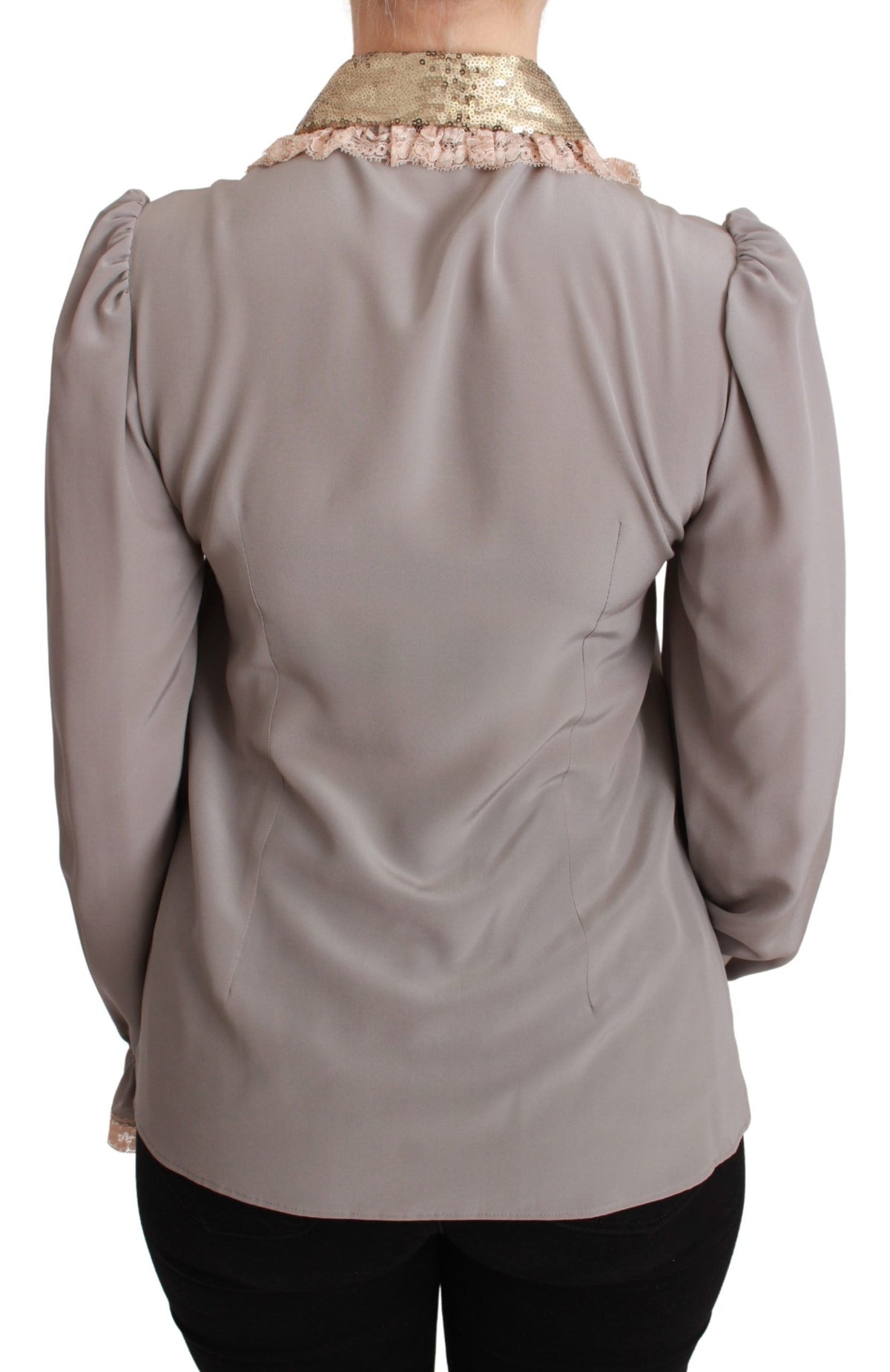 Dolce & Gabbana Gray Silk Gold Sequin Lace Blouse Shirt
