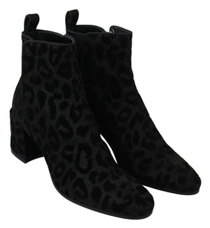 Dolce & Gabbana Black Leopard Short Boots Zipper Shoes