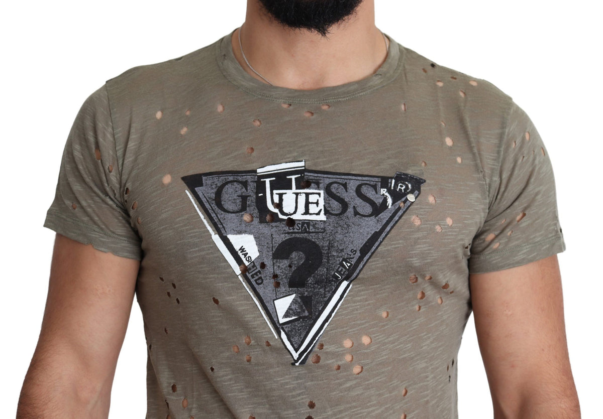 Guess Brown Cotton Stretch Logo Print Men Casual Perforated T-shirt