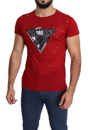 Guess Red Cotton Logo Print Men Casual Top Perforated T-shirt