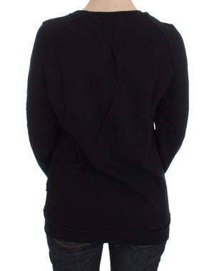 Exte Black Cotton Motive Print Crewneck Pullover Sweater