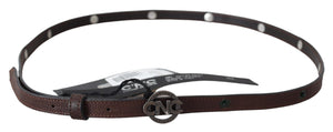 Costume National Brown Skinny Leather Round Logo Buckle Belt