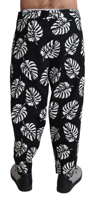 Dolce & Gabbana Black Leaf Cotton Stretch Trouser Pants Pants