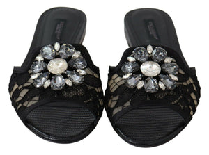 Dolce & Gabbana Black Taormina Lace Slides Crystals Flats Shoes