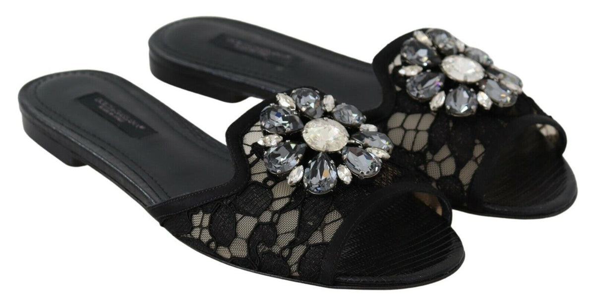 Dolce & Gabbana Black Taormina Lace Slides Crystals Flats Shoes