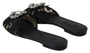 Dolce & Gabbana Black Taormina Lace Slides Crystals Flats Shoes