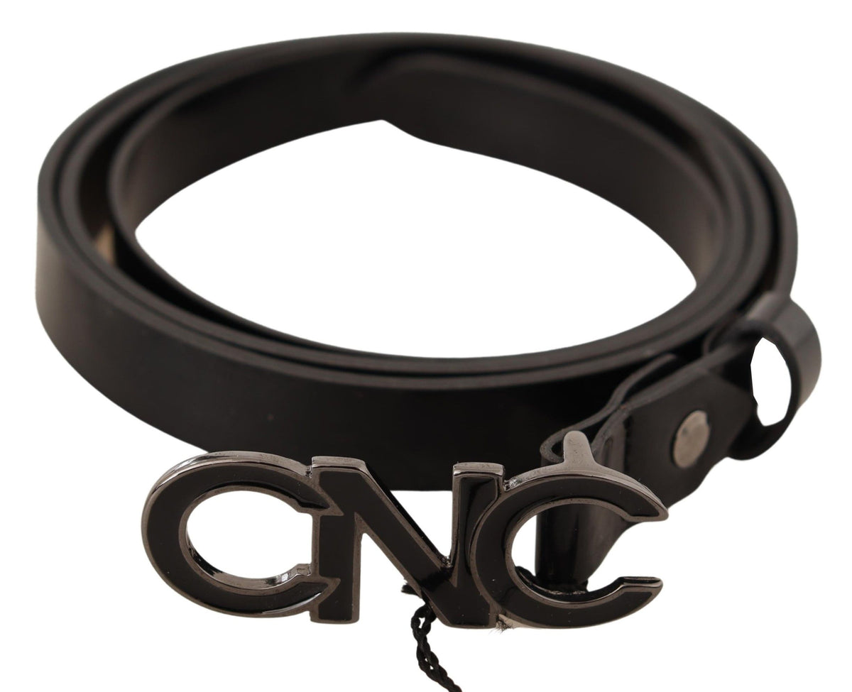 Costume National Black Leather Letter Logo Buckle Belt